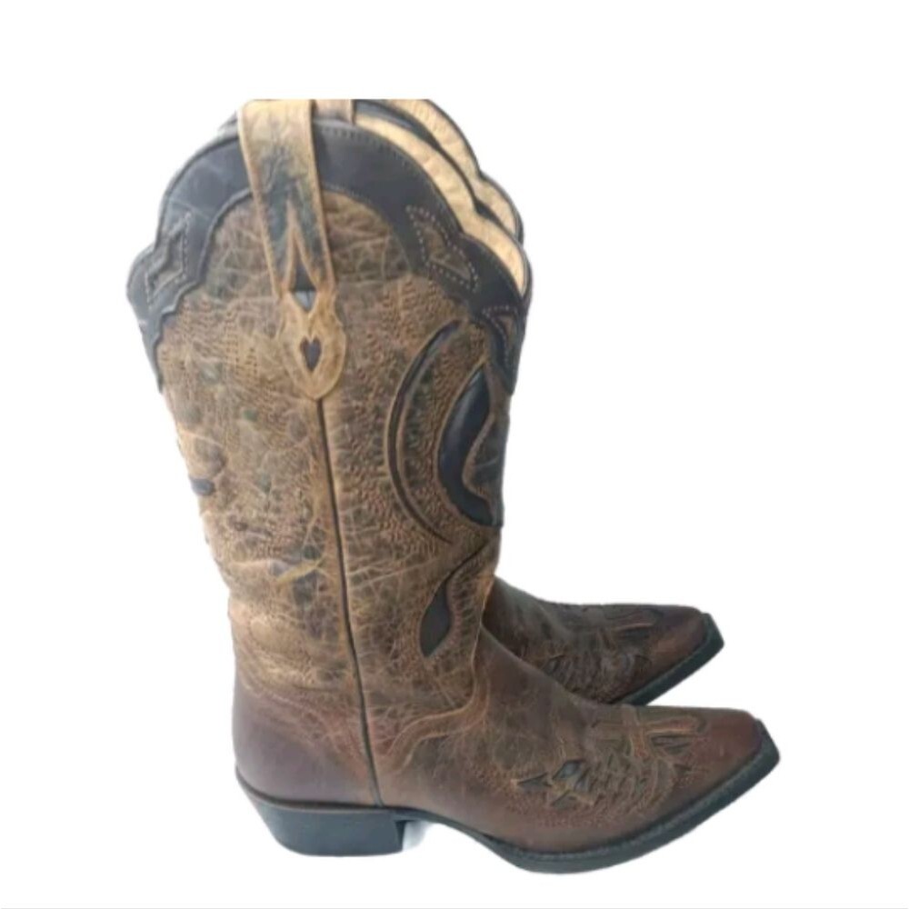 J.B. Dillon Leather Winged Cross Embroidered Cut Out Boots Size 7 B Brown